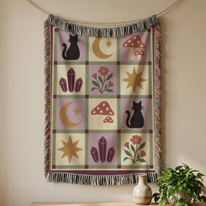 Witchy Black Cat Patchwork Woven Blanket, Lavender Celestial Quilt Style Tapestry Throw