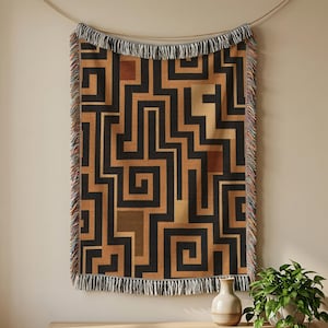 Kuba Cloth Maze Woven Blanket, Ochre and Black African Geometric Tapestry Throw