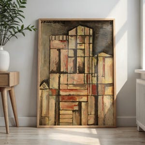 Könnte beinhalten: Ein gerahmter, rechteckiger Wandkunstdruck mit einer abstrakten Komposition aus vertikalen und horizontalen Linien in Beige-, Sand- und gedeckten Rottönen. Das Kunstwerk enthält dunkelgraue Gitterlinien und den Text J. PINTO-GARCIA oben links.