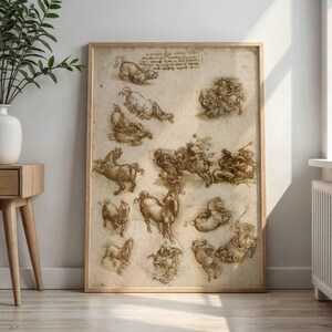 Op de afbeelding: Een rechthoekige ingelijste print met een verzameling sepia-kleurige schetsen van paarden in verschillende houdingen en acties, gerangschikt op een lichtbeige achtergrond met handgeschreven notities zichtbaar in het bovenste deel.