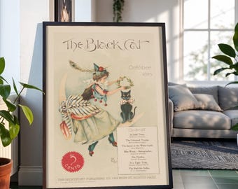 May include: A framed vintage poster titled The Black Cat from October 1895. It features an illustration of a person in a light blue dress with red accents sitting on a crescent moon, holding a wreath, with a black cat wearing a polka dot bow.