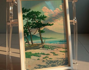 川瀬巴水作「三保の松浜」、木版画、ジクレー、版画、風景、雲、海