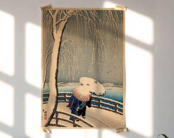 Umbrellas in Snow by Ohara Koson : Romantic Winter Japanese Poster