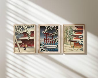 Hasui Kawase Winter Temple Prints: Japanese Shin-Hanga Art Set