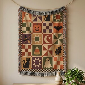 Vintage Halloween Patchwork Woven Blanket, Ghost Black Cat Quilt Tapestry Throw