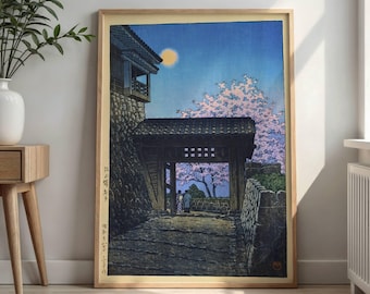 川瀬巴水作「松山城の桜と月」、木版画、ジクレー、版画、文化芸術