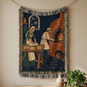 Medieval Bakers Woven Blanket, December Bread Oven Winter Tapestry Throw