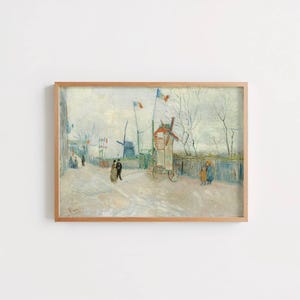 May include: A framed print of a street scene with windmills and figures. The artwork features a muted color palette with visible brushstrokes. A red and white windmill stands out, with a blue and red flag waving above it. The scene evokes a vintage, impressionistic style.
