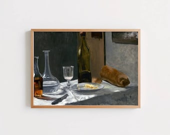 ボトルカラフェ、パン、ワインのある静物画 モネ ギャラリー ウォール