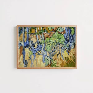 May include: A framed print of a painting featuring a landscape with trees. The artwork showcases a vibrant color palette with shades of blue, green, yellow, and brown. The painting has a textured appearance, with visible brushstrokes.