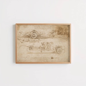 May include: A framed sepia-toned sketch on aged paper featuring two detailed illustrations of horse-drawn carriages. The artwork displays intricate line work depicting horses, wheels, and carriage structures, accompanied by handwritten script text.