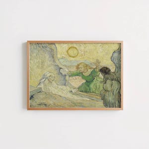 May include: A framed print of a painting showing figures in a landscape. The artwork features a woman in a white garment, and other figures in green and brown clothing. The background has a yellow and green colour palette.