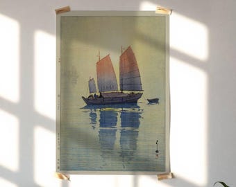 吉田博による日本のアートプリント「帆船、朝」、木版画、ジクレー