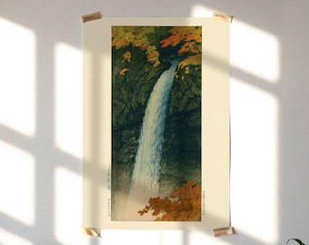 川瀬巴水作「日光桂厳の滝」、木版画、ジクレー、版画、文化芸術、秋