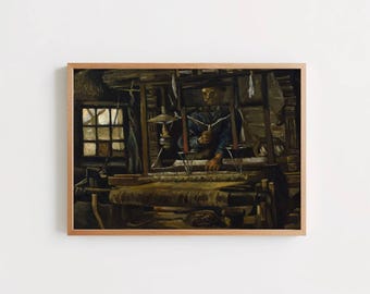 May include: A framed art print depicting a dark, moody interior scene of a person operating a wooden loom. The composition features deep brown and ochre tones, a window with a grid pattern on the left, and a central figure working with threads.