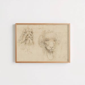 Puede incluir: Un dibujo a tinta sepia enmarcado sobre papel envejecido que presenta dos bocetos distintos. A la izquierda, una cabeza estilizada con cabello fluido y barba. A la derecha, un boceto detallado de un perro con pelaje desgreñado, dientes visibles y lengua larga.