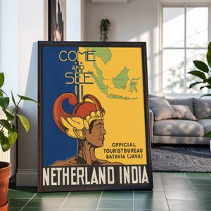 May include: A vintage-style travel poster featuring a profile illustration of a person wearing a traditional ornate headdress, a map of the Indonesian archipelago, and the text "COME AND SEE" and "OFFICIAL TOURISTBUREAU BATAVIA (JAVA) NETHERLAND INDIA."