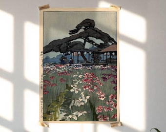 Iris Garden in Horikiri by Yoshida Hiroshi : Tranquil Shin Hanga Japanese Poster