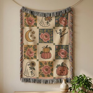 Floral Ghost Patchwork Woven Blanket, Cottagecore Halloween Quilt Tapestry Throw