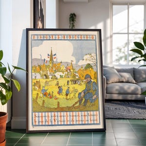 May include: A framed vintage French war bond poster titled 2e EMPRUNT DE LA DEFENSE NATIONALE. The illustration depicts a soldier in blue uniform sitting in a field with a village in the background, featuring the text Souscrivez, aidez-nous à vaincre.