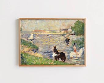Horses in the Water by Georges Seurat: Neo Impressionist River Scene Poster