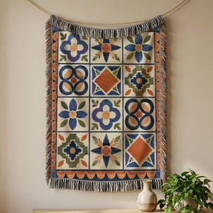 Mediterranean Majolica Tile Woven Blanket, Blue Patchwork Cotton Tapestry Throw