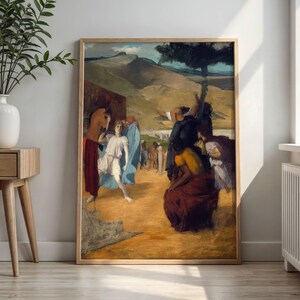 May include: A framed oil painting print depicting a classical scene with figures in draped garments, including a central figure in white robes near a horse, set against a landscape of rolling hills under a blue sky with a large tree in the foreground.