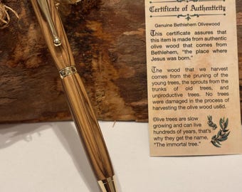 Bolígrafo Tierra Santa - Madera auténtica de olivo de Belén - Pluma fina con detalles dorados