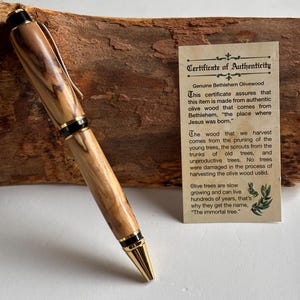 Holy Land Ballpoint Pen - Bethlehem Olive Wood - Gold and Black Fittings, Chunky Cigar Style Pen, Beautiful Patterned Grain, Totally Unique