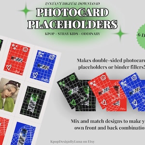 Puede incluir: Descarga digital de marcadores de fototarjetas con seis diseños. Las tarjetas presentan un patrón de cuadrícula con corazones, estrellas y caras sonrientes. El texto incluye "PHOTOCARD PLACEHOLDERS" y "KPOP - STRAY KIDS - ODDINARY".