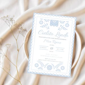 Invitación para baby shower Cielito Lindo / Invitación para baby shower azul Papel Picado / Plantilla editable para baby shower con temática mexicana
