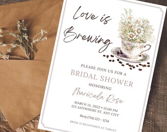 May include: Bridal shower invitation with floral teacup illustration. The invitation reads "Love is Brewing" and includes event details: date, time, location, and RSVP information. A brown envelope with dried flowers is in the background.