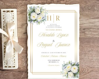 Invitaciones de boda en español, flores blancas y dorado. Spanish Wedding invitation. Invitacion de boda Flores blancas + Tarjeta RSVP 4x6
