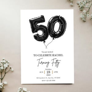 50th Birthday Invitation | Elegant Editable Balloon Invite | Black and White Party Template | Instant Download | Canva Editable