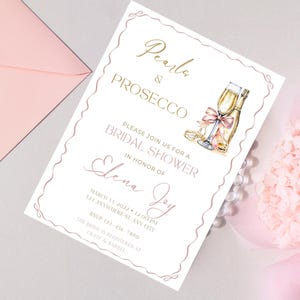 Pearls and Prosecco Bridal Shower Invitation, Pearl Prosecco Editable Bridal Shower Template | Elegant Pink and Gold Champagne Invite