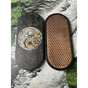 Dark Wood Sadhu Board with Yin Yang Engraving – 10mm Nail Meditation Spike Board for Grounding, Discipline & Energy Balance