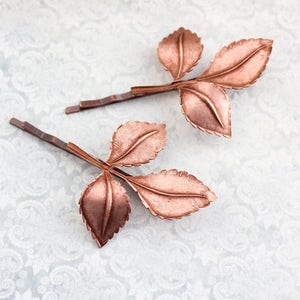 Copper Branch Bobby Pins Leaves Leaf Hair Clips Rose Copper Ox Woodland Wedding Hair Accessories Rustic Branch Hair Slides (Set of two pins)