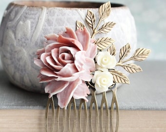 Bridal Hair Comb Dusty Rose Pink Flowers for Hair Accessories Floral Collage Bridesmaids Gift Branch Leaves Romantic Country Chic Wedding