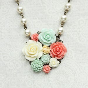 Flower Necklace Mint Green and Coral Rose Floral Collage Big Medalion Pendant Unique Romantic Statement Jewelry Ivory Cream Pearl Chain