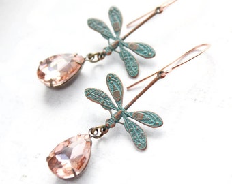 Dragonfly Earrings Crystal Sparkling Vintage Glass Rhinestone Jewels Long Dangle Earrings Crystal Glass Drops Antique Brass Garden Wedding