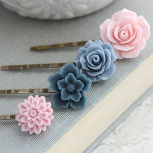 Pink Rose Bobby Pins Flowers For Hair Floral Hair Accessories Navy Blue Rose Hair Pin Girls Hair Clips Chrysanthemum Dahlia Set of Four (4)