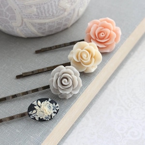 Peach Rose Bobby Pins, Flower Bobby Pin, Cameo Bobbies, Floral Hair Accessories, Set of Four, Vintage Style, Dove Grey Rose, Black Cameo