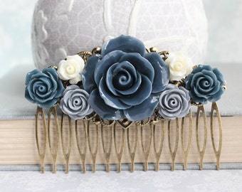 Grey Rose Hair Comb Navy Blue Rose Floral Collage Comb Romantic Bridal Symmetrical Design Bridesmaid Gift Vintage Style Large Filigree Comb