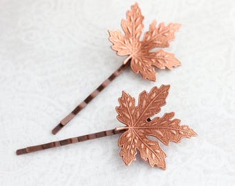 Maple Leaf Bobby Pin, Two Piece Set, Copper Rose Ox, Leaves for hair, Grecian Bridal, Nature Accessories Woodland Wedding Bridesmaids Gift