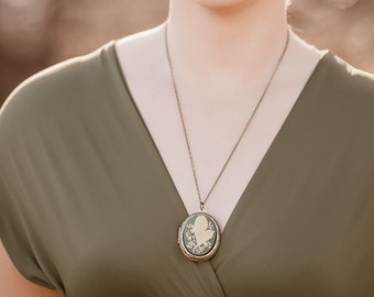 Lily of the Valley Photo Locket Necklace, Green and Cream Ivory, Big Floral Pendant, Long Chain, Antiqued Gold Brass