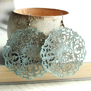 Large Filigree Earrings Big Dangles Lightweight Earrings Rustic Patina Jewelry Aqua Turquoise Boho Chic Jewelry Hippee Bohemian