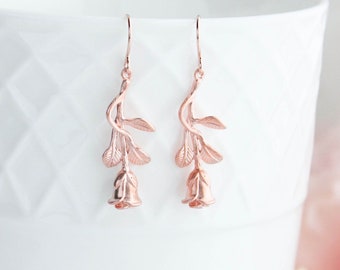 Long Stem Rose Earrings, Rose Gold Earrings, Pretty Small Flower Unique Jewelry, Gift for Her, Wife, Friend, Mother's Day Gift, Nickel Free