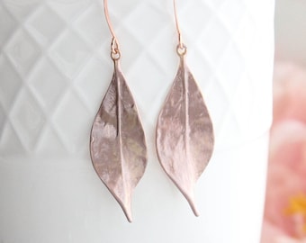 Leaf Earrings, Rose Gold Patina, Long Gold Earrings, Woodland Jewellery, Nature Inspired, Fashion Jewelry, Gift For Her, Rose Gold Ear Wire