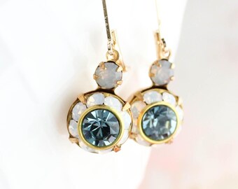 Art Deco Floral Earrings | White Opal and Dusty Sapphire Blue Glass Jewel Drops, Gold Lever Back Ear Wires