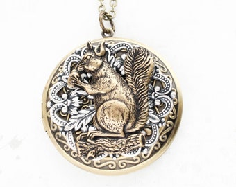 Squirrel locket necklace Photo Locket Forest Nature Creature, Picture Locket, Vintage Style, Antiqued Silver Filigree, Animal Unique Locket